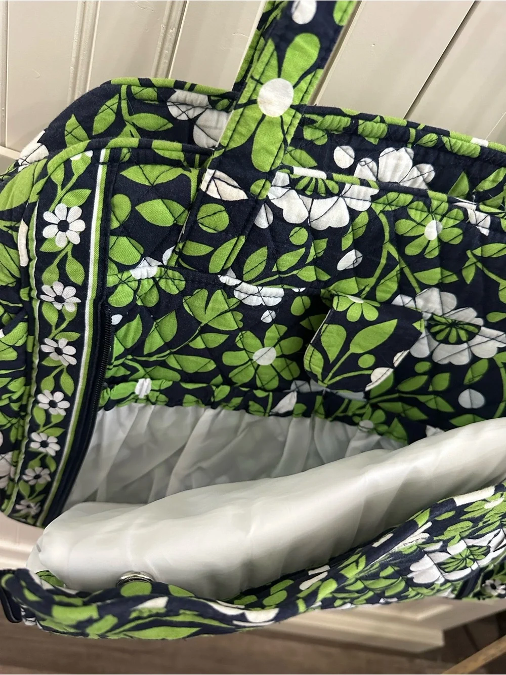 Vera Bradley”Lucky You” Navy, Green & White Quilted Floral Shoulder Diaper Tote